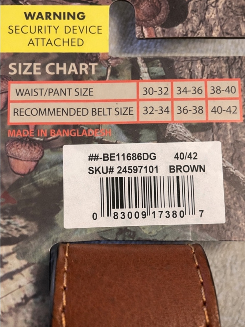 Mossy Oak Brown Belt NWT Size 40/42 Camo Detail Gunmetal Buckle - Picture 5 of 5